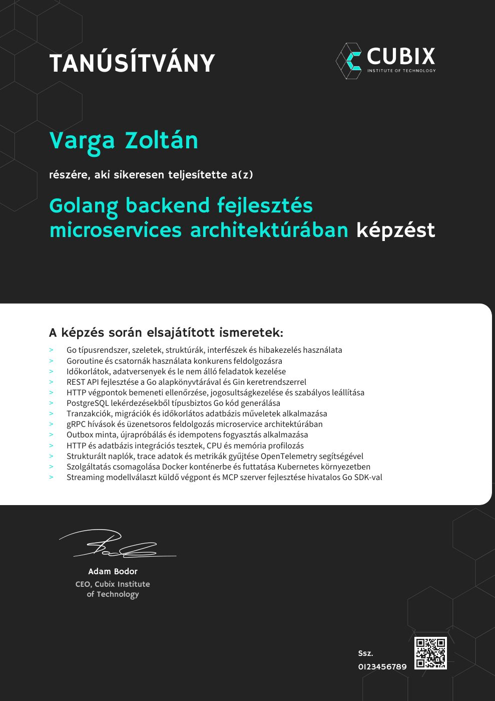 Tanúsítvány minta – Golang backend fejlesztés microservices architektúrában