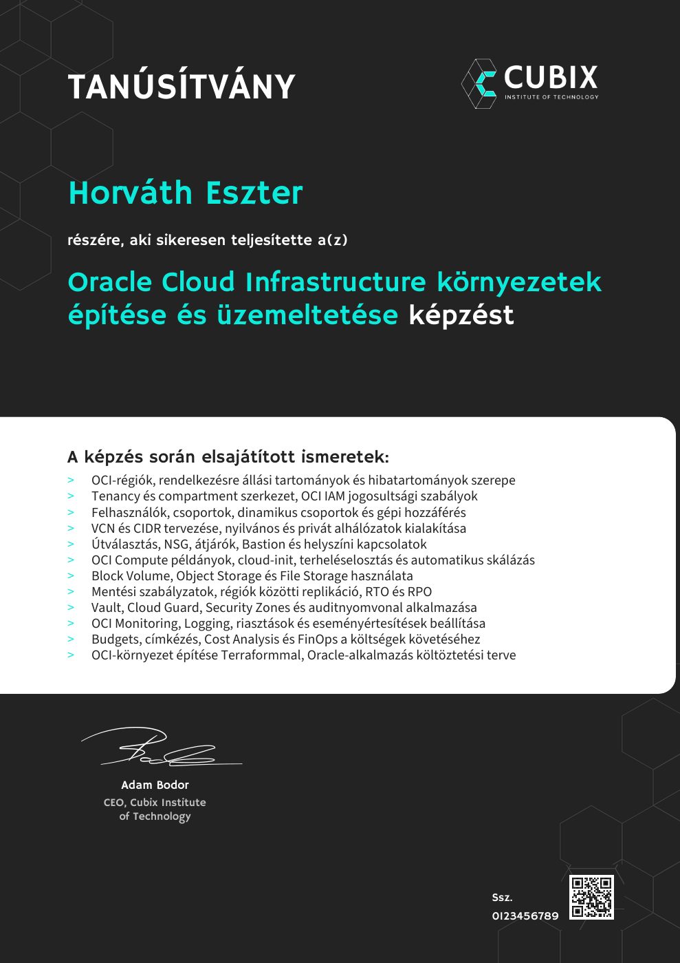 Tanúsítvány minta – Oracle Cloud Infrastructure környezetek építése és üzemeltetése